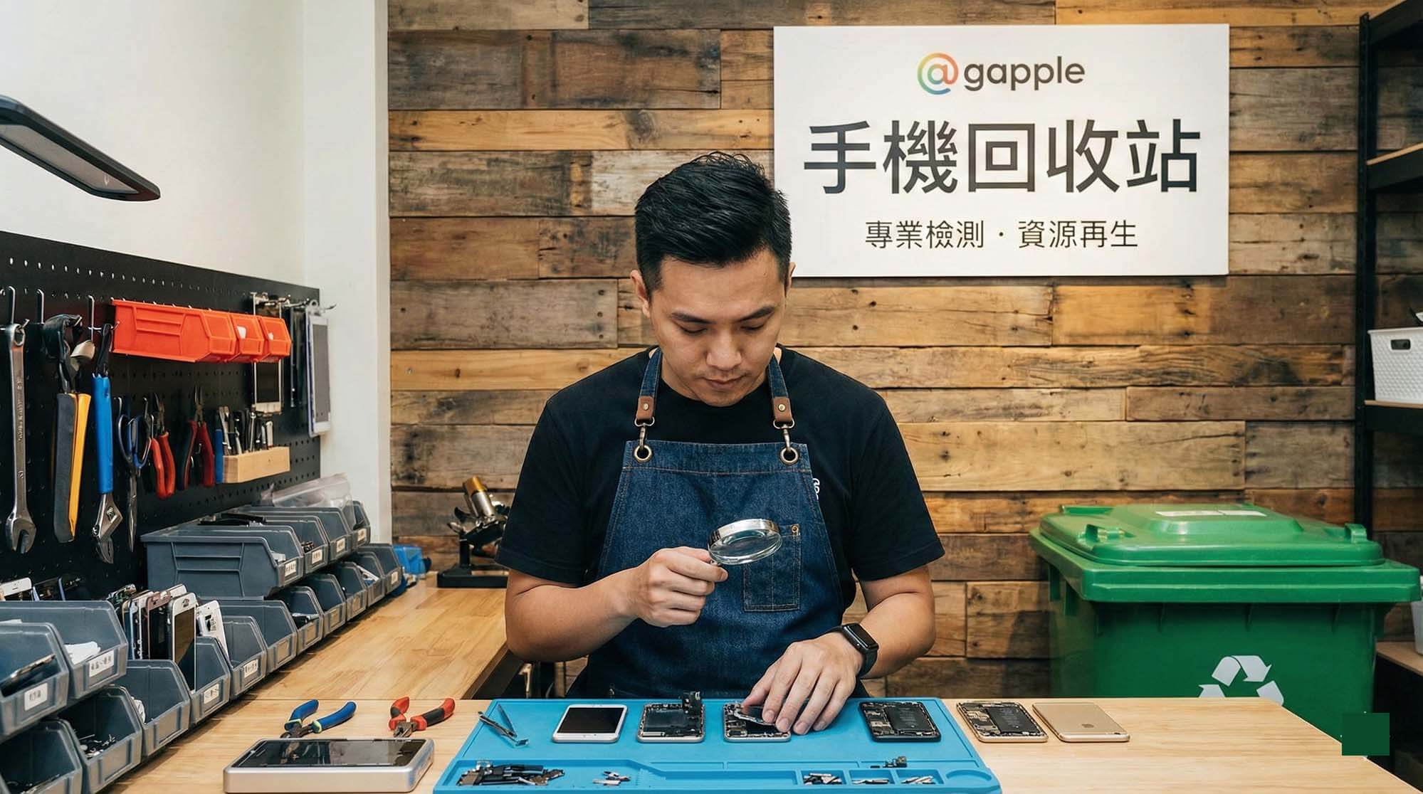 青蘋果3C 手機回收與二手手機收購現場估價示意圖(乾淨桌面、手機與現金元素)