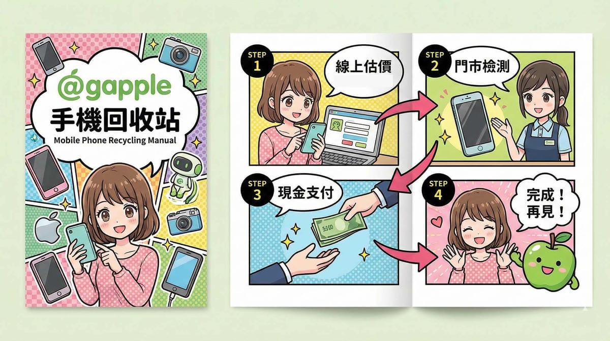 青蘋果3C 手機回收與二手手機收購現場估價示意圖（乾淨桌面、手機與現金元素）